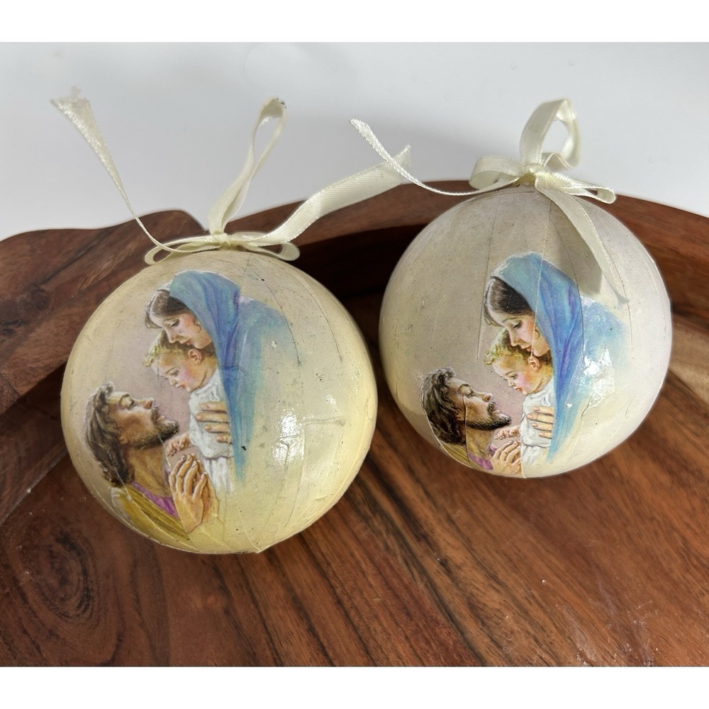Vintage Peace On Earth Ornament Set Baby Jesus Paper Decoupage- Estate Find